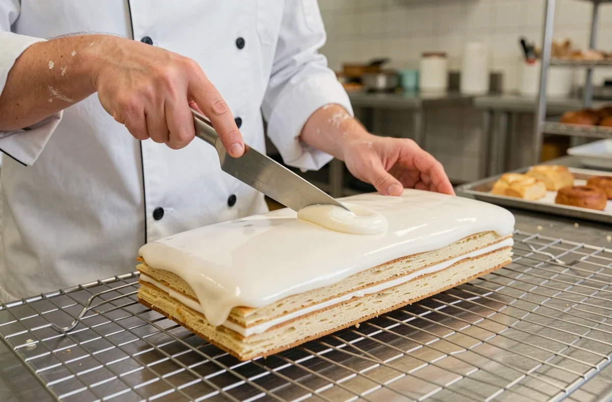 Chef pâtissier étalant le glaçage fondant sur un mille-feuille avec une spatule professionnelle en cuisine