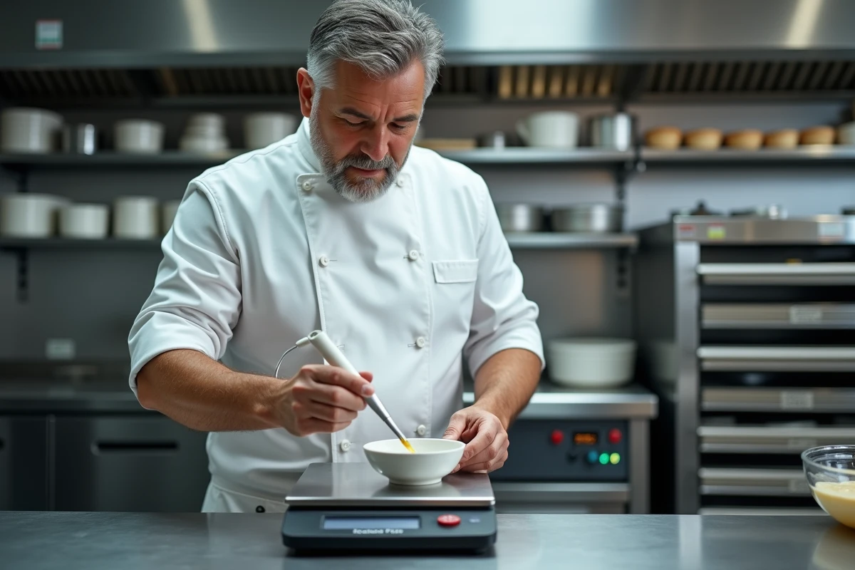 Chef pâtissier professionnel utilisant une pipette en centilitres et une balance de précision en grammes dans une cuisine commerciale