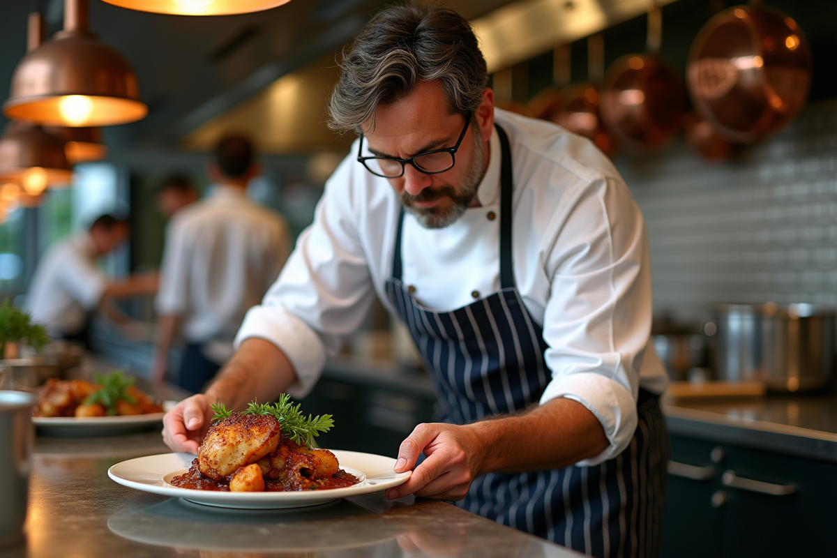 Chef français en cuisine bistro préparant un coq au vin
