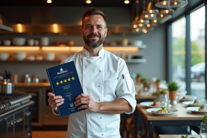 Chef renommé dans une cuisine moderne avec guide Michelin