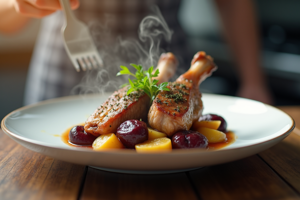 Cuisinier servant un lapin aux pruneaux dans une cuisine professionnelle