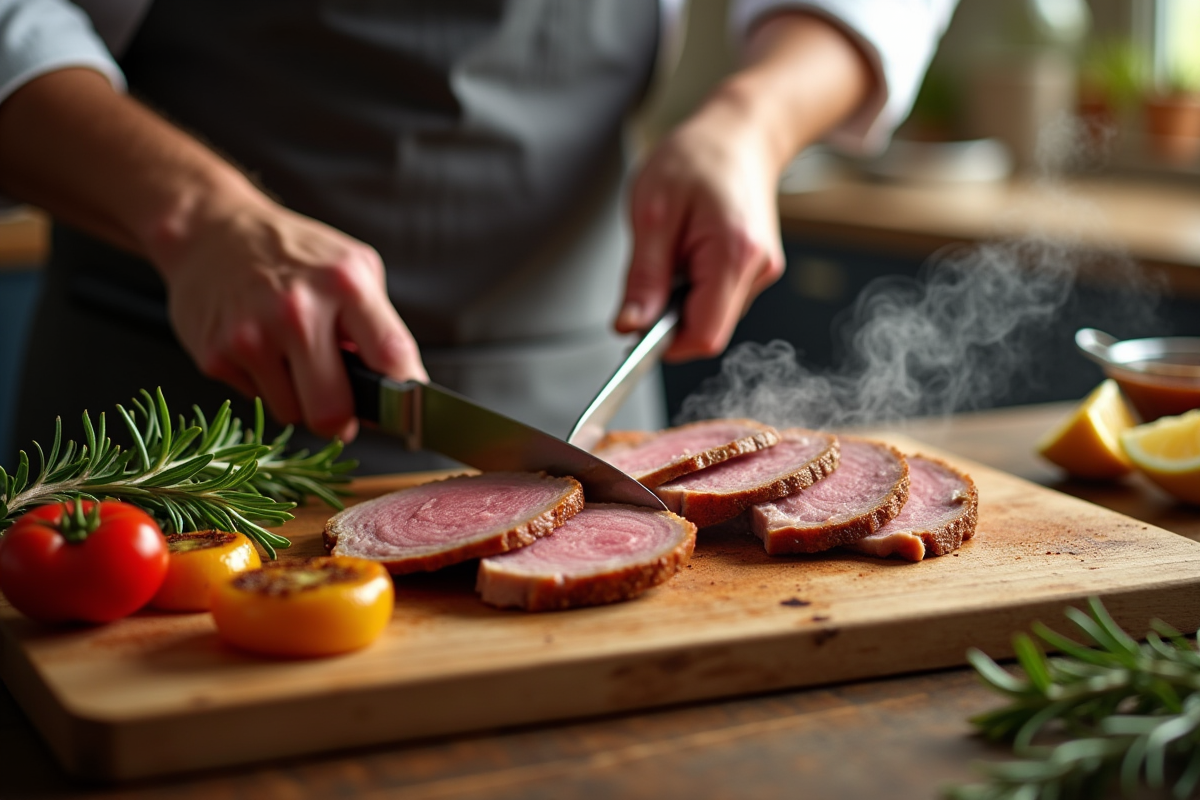 Chef tranchant des aiguillettes de canard avec légumes et romarin