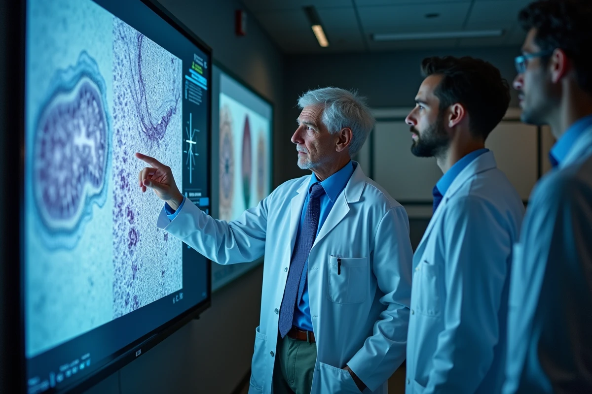 Chercheur homme pointant une image histologique sur un écran