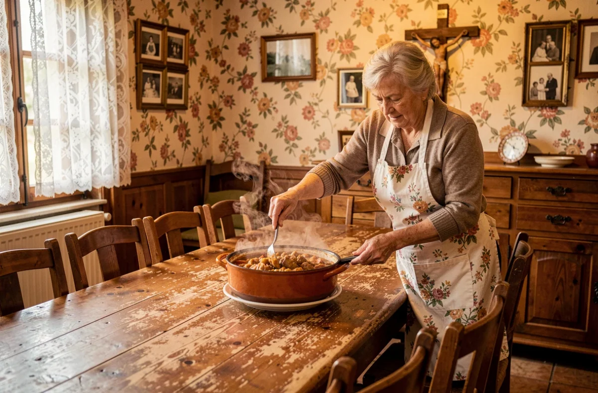 Patronne âgée déposant un cassoulet fumant sur la table familiale de Chez Germaine à Puymirol, décor traditionnel et chaleureux