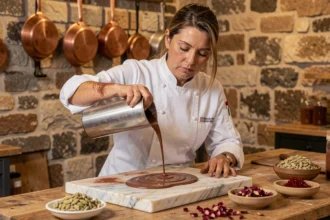 Chocolatière versant du chocolat au lait fondu sur un marbre entouré d'épices exotiques dans un atelier artisanal