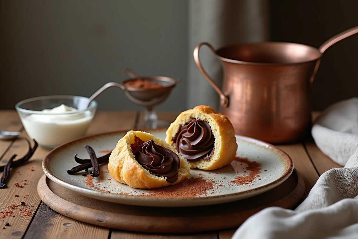 Chou à la crème garni de crème pâtissière au chocolat sur table en bois rustique avec ustensiles de pâtisserie vintage