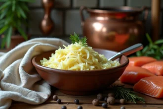 Bol de choucroute crue dorée avec filets de poissons frais sur table en chêne dans une cuisine alsacienne rustique