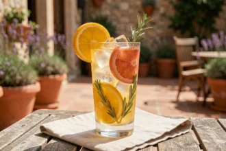 Cocktail Ricard aux agrumes avec tranches d'orange et pamplemousse sur une table en bois dans une cour provençale ensoleillée