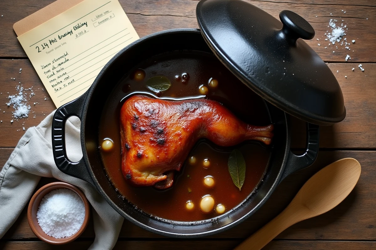 Vue aérienne d'une cocotte en fonte contenant des cuisses de canard mijotées avec une fiche de recette adaptée pour grande tablée