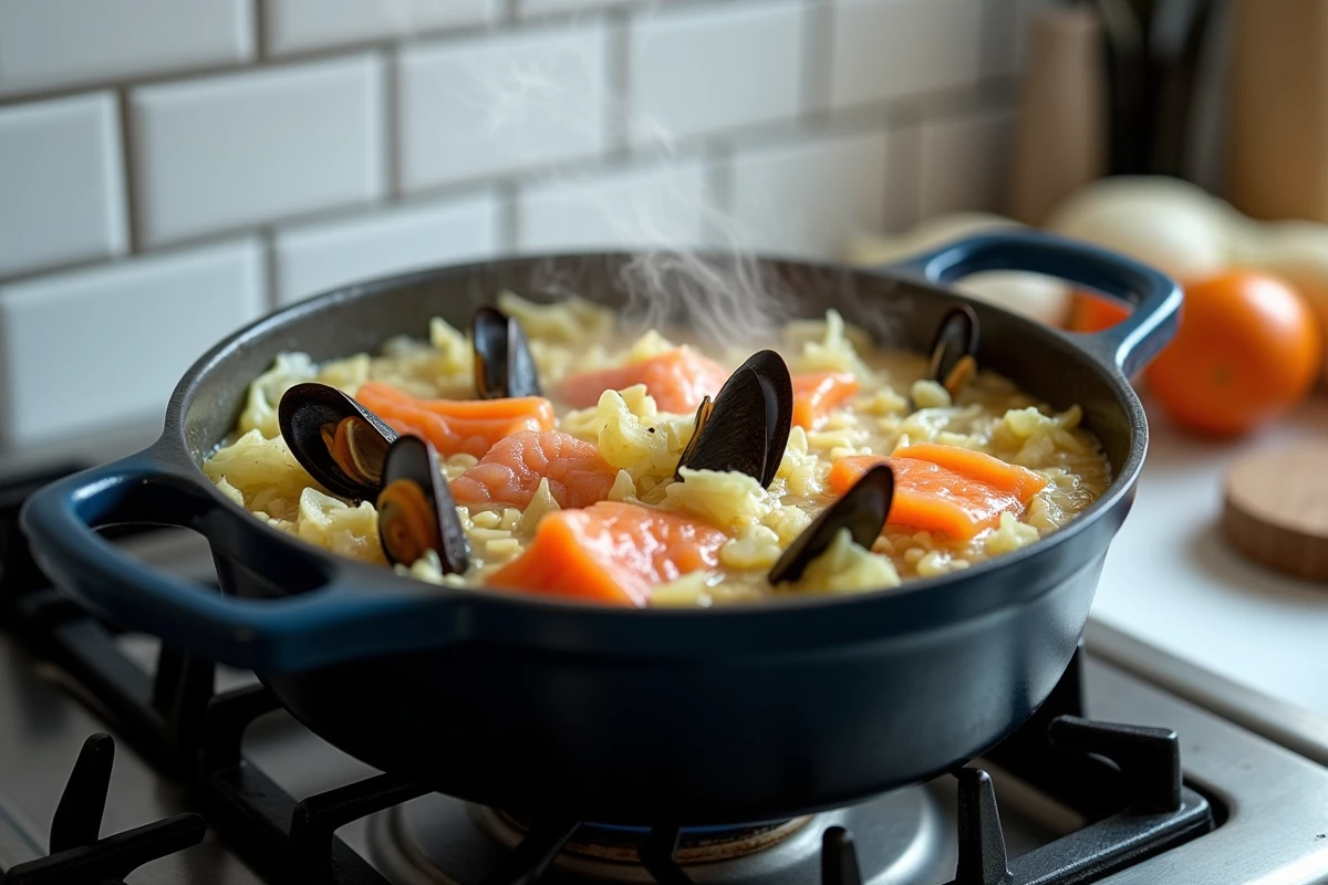Cocotte en fonte émaillée avec choucroute aux poissons fumés et moules en cours de cuisson sur cuisinière