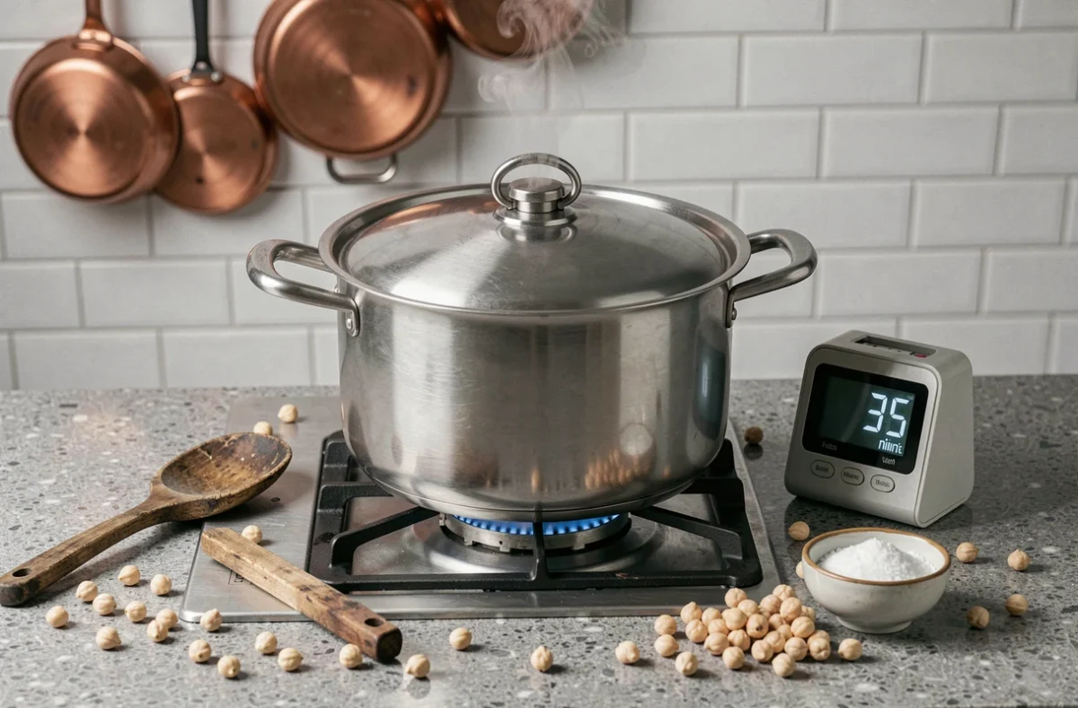 Cocotte-minute sur feu de gaz avec vapeur s'échappant de la soupape pendant la cuisson des pois chiches