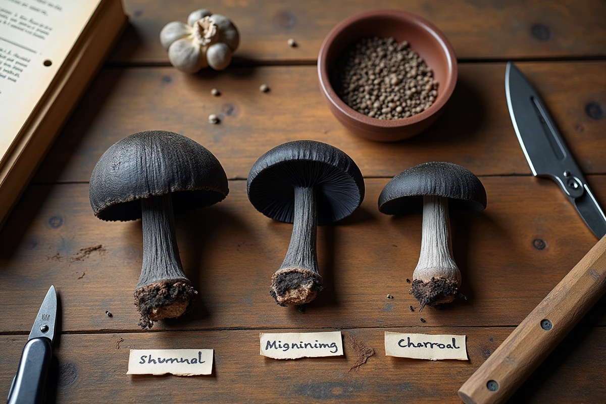 Comparaison de champignons charbonniers et espèces similaires sur une table en bois avec guide mycologique, erreurs fréquentes des débutants