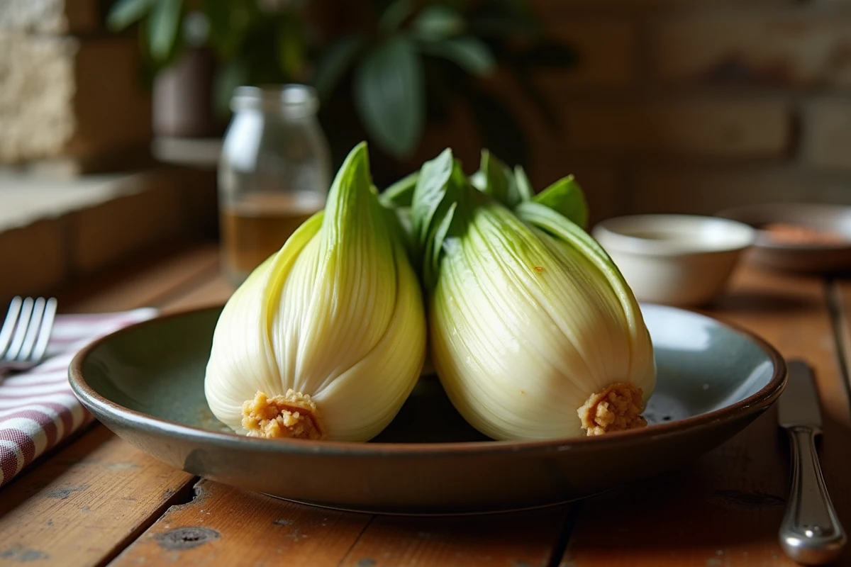 Comparaison d'endives fermes et fondantes servies sur une assiette rustique après cuisson à la cocotte