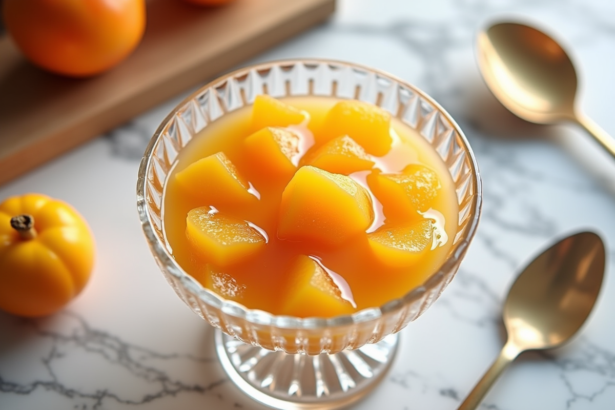 Compote de coing servie dans un bol en cristal sur marbre