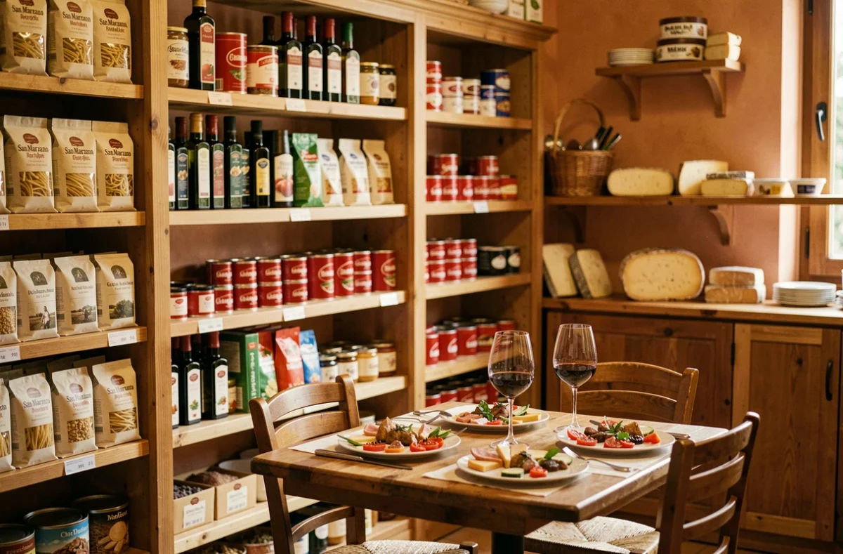 Intérieur d'une épicerie-restaurant italienne en Nouvelle-Aquitaine avec étagères garnies de produits italiens artisanaux et petite table dressée pour un repas