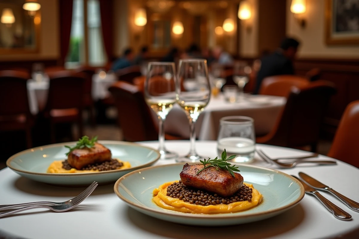Table de restaurant parisien avec deux assiettes de confit de canard et accompagnements tendance lentilles ail noir et crème de chou-fleur en 2026