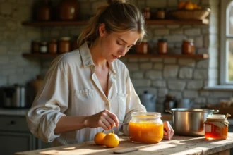 Femme en blouse en lin remuant confiture de coing dans une cuisine rustique