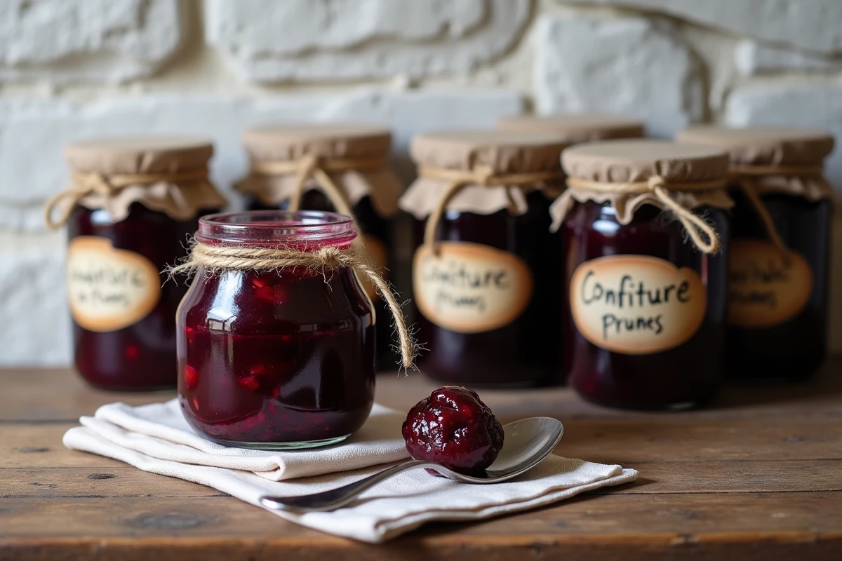 Rangée de bocaux de confiture aux prunes étiquetés à la main sur une étagère en bois dans un garde-manger rustique