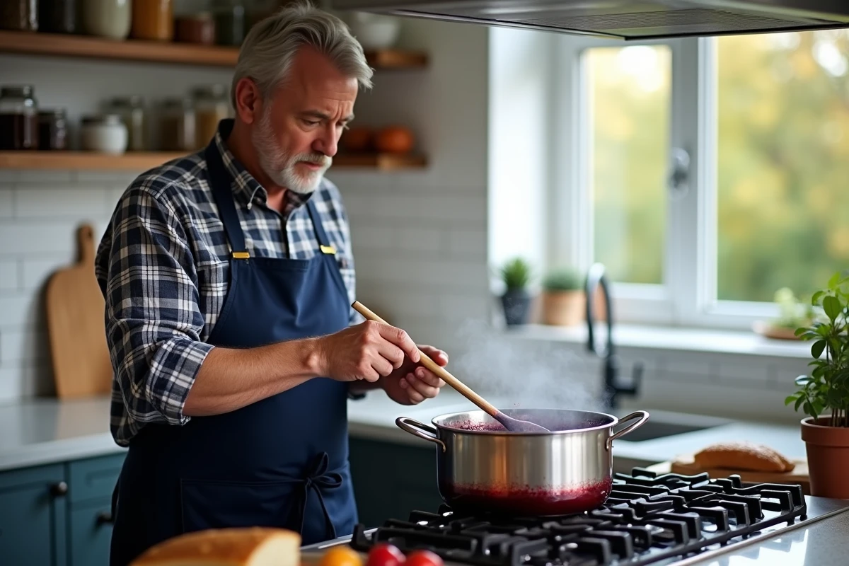 Homme remuant une confiture de prunes en train de mijoter dans une grande casserole sur une gazinière moderne