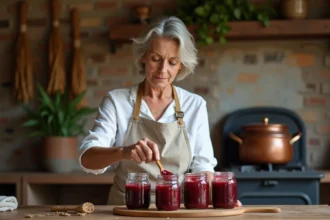 Femme versant de la confiture aux prunes bien gélifiée dans des bocaux en verre dans une cuisine rustique