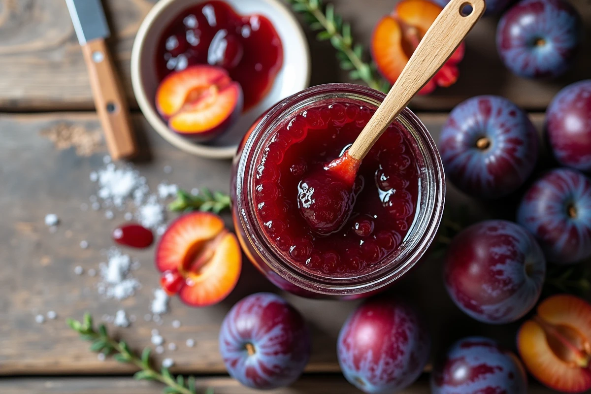 Vue de dessus d'un pot de confiture aux prunes avec des prunes fraîches et du pain grillé sur une table en bois