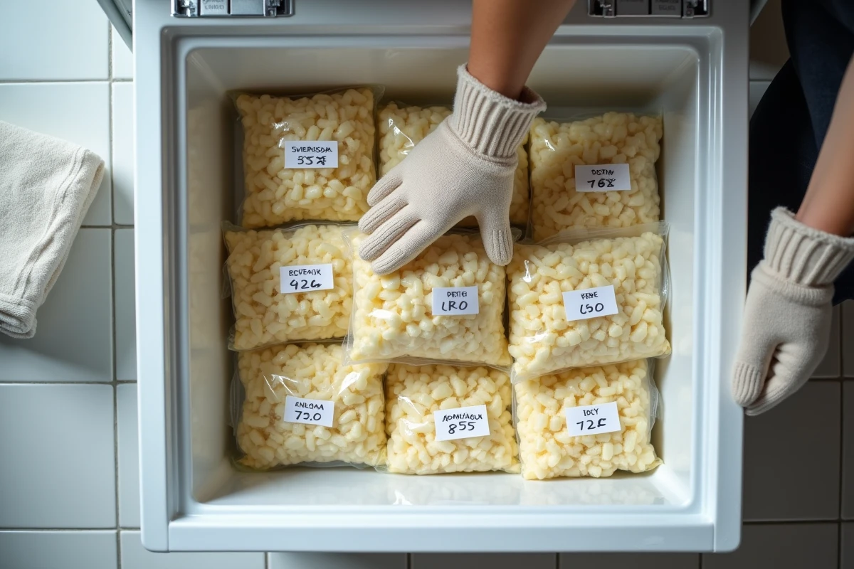 Congélateur organisé avec des sachets de rapée de pommes de terre étiquetés par portions et par dates