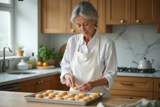 Femme arrangeant des coques de macarons vides dans une boîte hermétique sur un plan de travail en marbre dans une cuisine maison