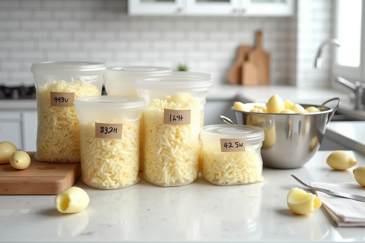 Contenants en verre et sachets de congélation étiquetés remplis de rapée de pommes de terre pour conservation