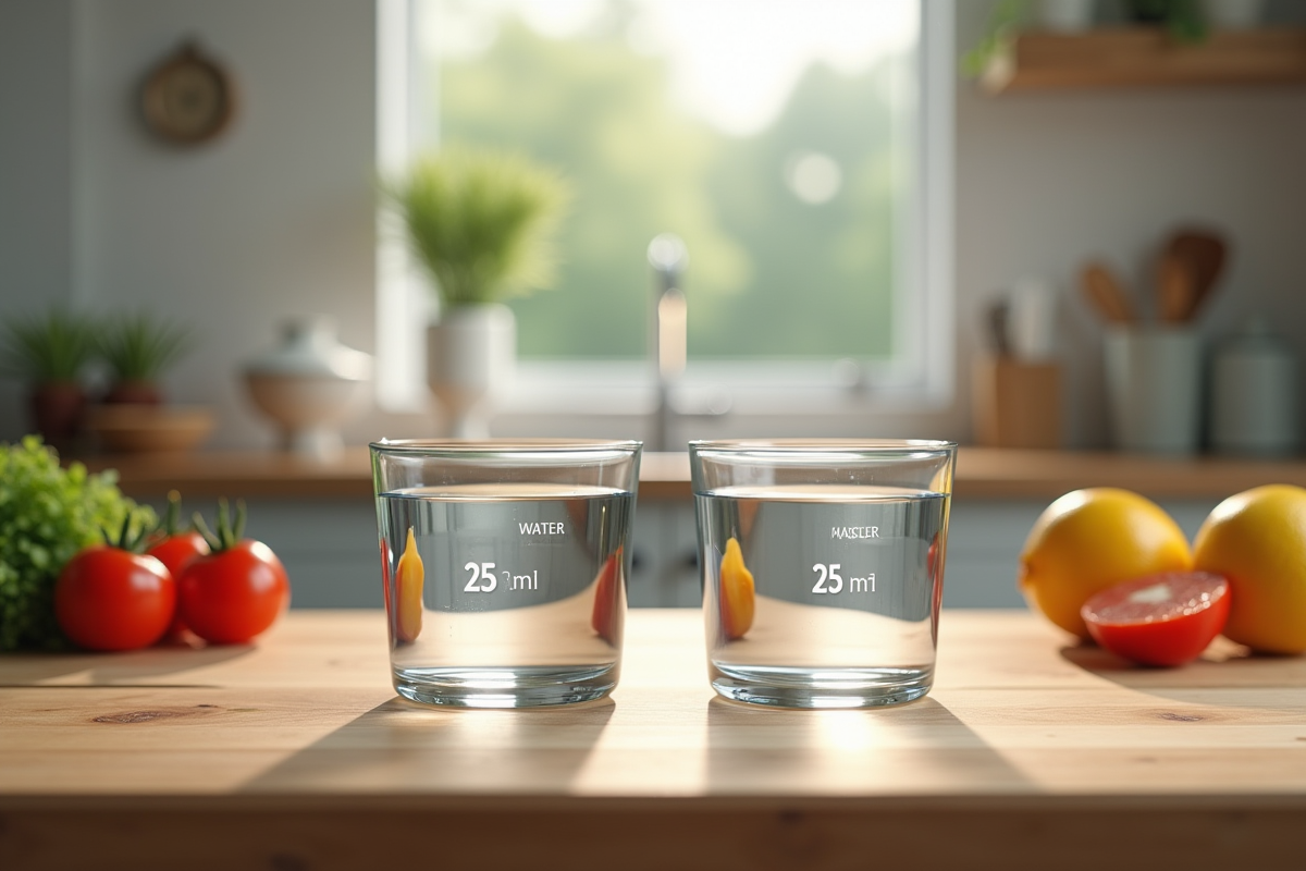 Contenants avec eau et ingrédients frais sur table en bois