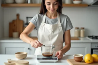 Femme versant un liquide dans une balance de cuisine affichant 125 grammes pour illustrer la conversion en centilitres