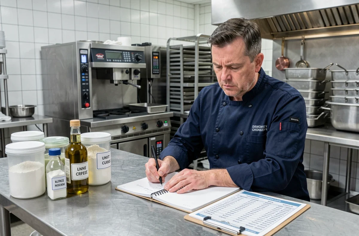 Chef cuisinier prenant des notes sur la conversion de grammes en litres dans une cuisine professionnelle