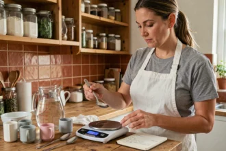Femme en tablier blanc utilisant une cuillère et une balance de cuisine pour convertir des grammes en litres sans calculatrice