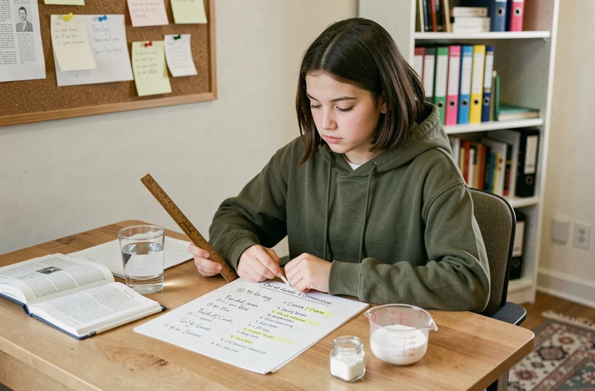 Adolescente révisant des formules de conversion grammes en litres à son bureau avec un verre d'eau et des notes manuscrites