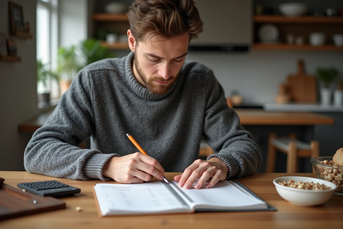 Jeune homme convertissant des mesures en cuisine moderne