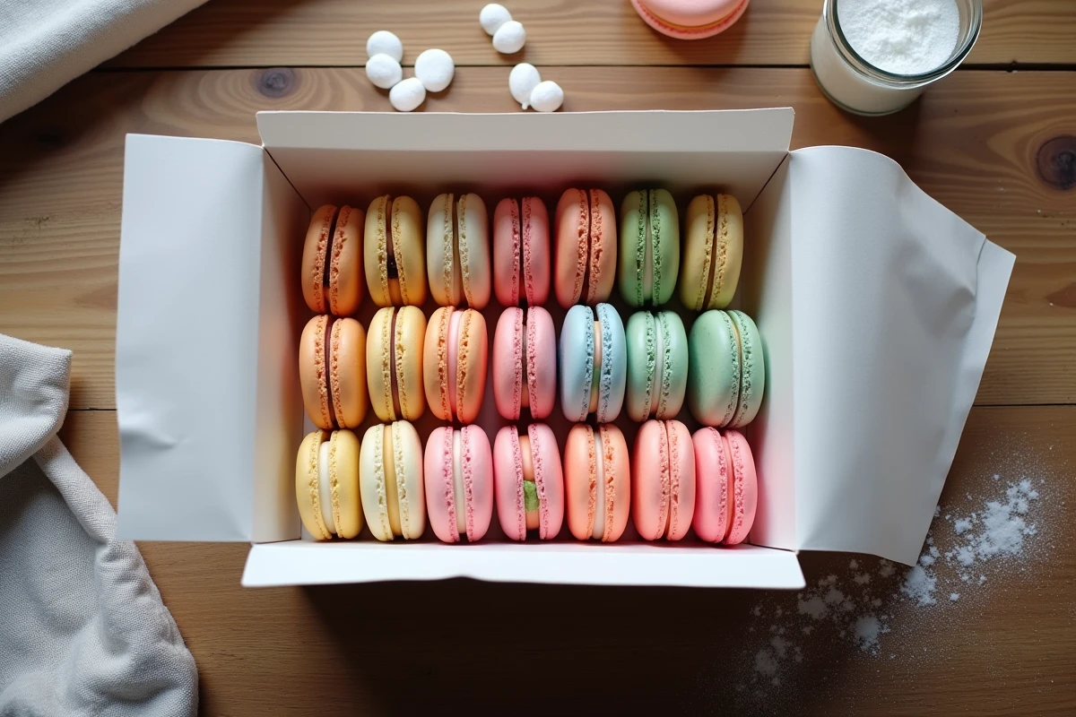 Vue aérienne de coques de macarons vides colorées rangées en rangées dans une boîte en carton tapissée de papier sulfurisé pour la vente maison
