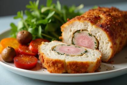 Cordon bleu doré et croustillant tranché sur une assiette blanche avec légumes