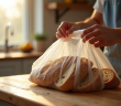 Mains plaçant des tranches de pain rustique dans un sac de congélation