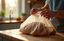 Mains plaçant des tranches de pain rustique dans un sac de congélation