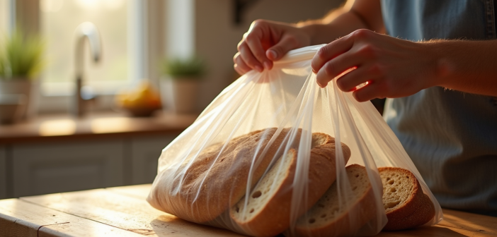 Mains plaçant des tranches de pain rustique dans un sac de congélation