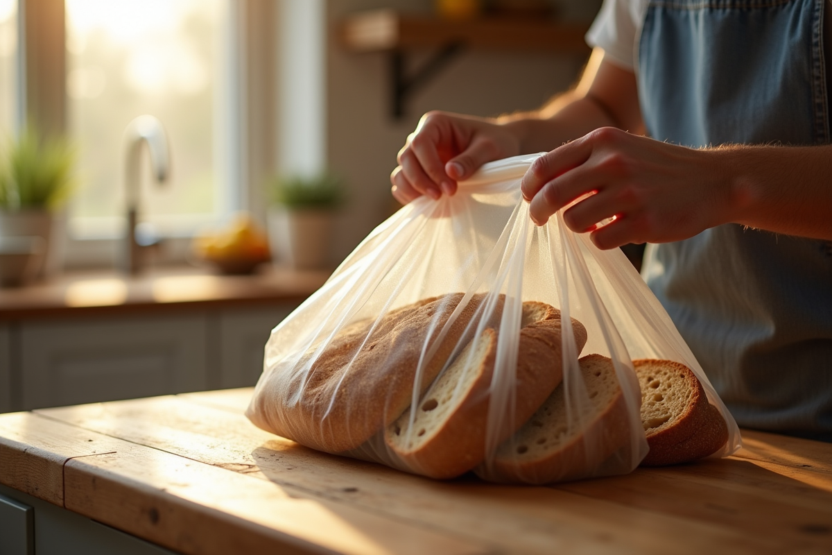 Mains plaçant des tranches de pain rustique dans un sac de congélation