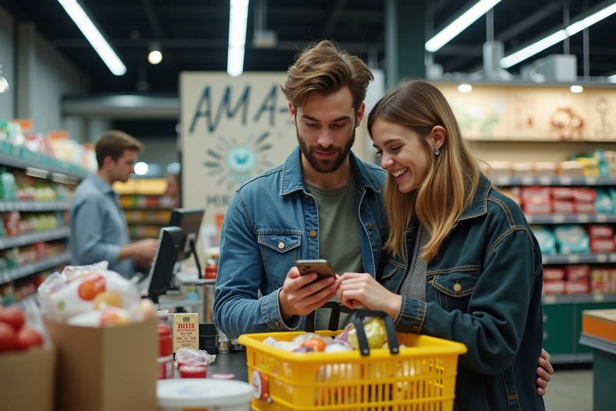 Couple consultant une carte de magasins anti-gaspi sur smartphone à la caisse d'une épicerie solidaire