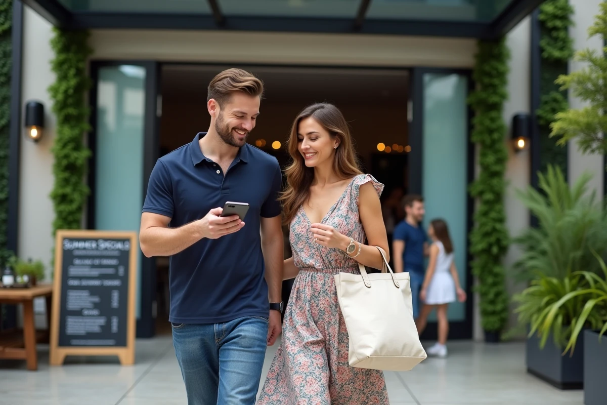 Couple arrivant à l'entrée d'une terrasse d'été avec réservation numérique sur smartphone