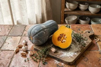 Courge bleu de Hongrie entière et coupée sur un plan de travail rustique avec ail, thym et planche à découper en bois