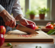 Chef tranchant une pomme rouge brillante sur une planche en bois
