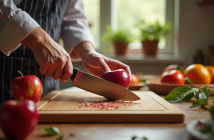 Chef tranchant une pomme rouge brillante sur une planche en bois