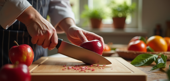 Chef tranchant une pomme rouge brillante sur une planche en bois