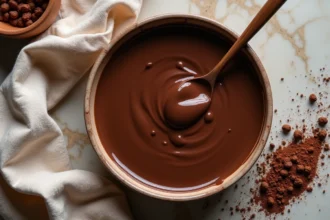Bol en céramique rempli de crème pâtissière au chocolat brillante avec une cuillère en bois, vue de dessus sur marbre