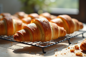 Croissants au beurre dorés refroidissant sur une grille en cuisine