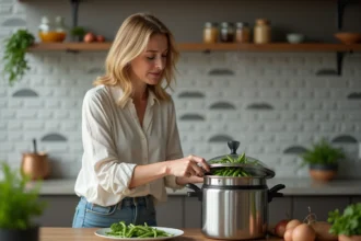 Femme soulevant le couvercle d'une cocotte en inox avec des haricots verts vapeur