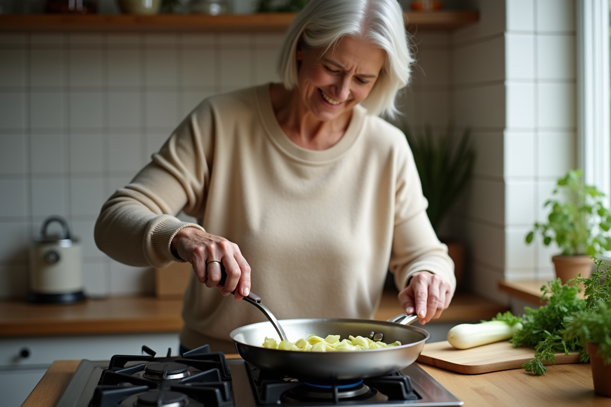 Femme d'âge moyen cuisinant des endives dans une cuisine chaleureuse
